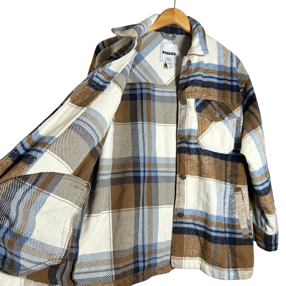 RSQ Plaid Wool Blend Shacket Jacket Medium Brown Blue Cream Oversized Workwear - Picture 12 of 14